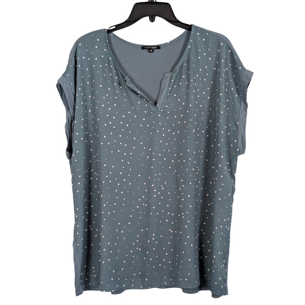 Papermoon Women Polka Dot Split Neck Cap Sleeve Blouse Boho Lightweight Blue 2X